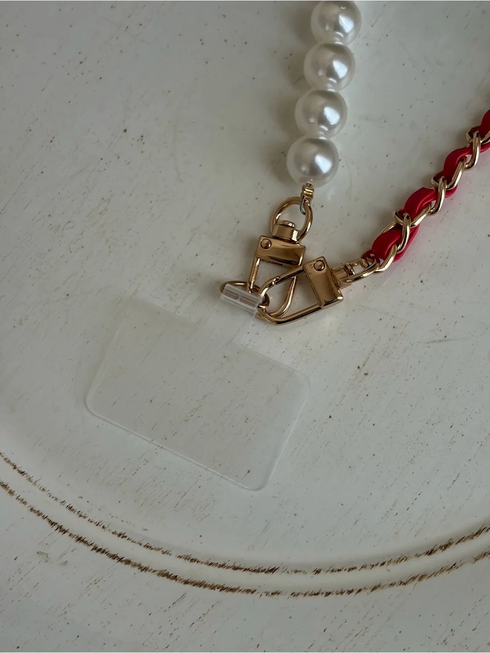 Pearl and Red Chain ID Badge Lanyard with Gold Hardware